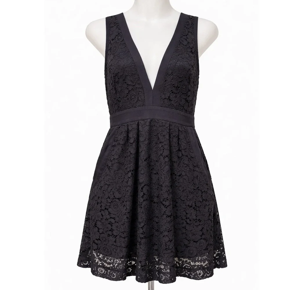 Free People Black Lace Deep V-Neck Mini Dress Crisscross Back Size S OB403332